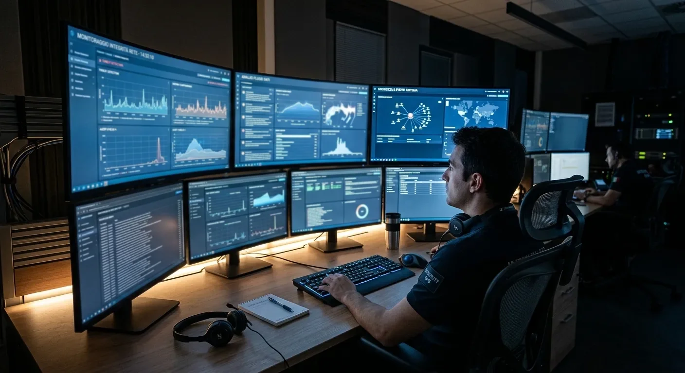 Operatore in sala controllo monitora movimenti sospetti delle quote UFC su pannelli multipli