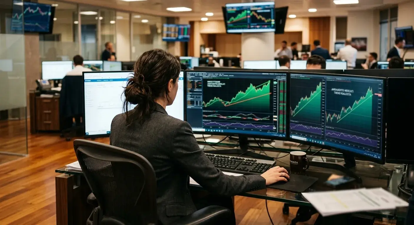 Sala trading con grafici di crescita del mercato scommesse MMA mostrati su monitor multipli