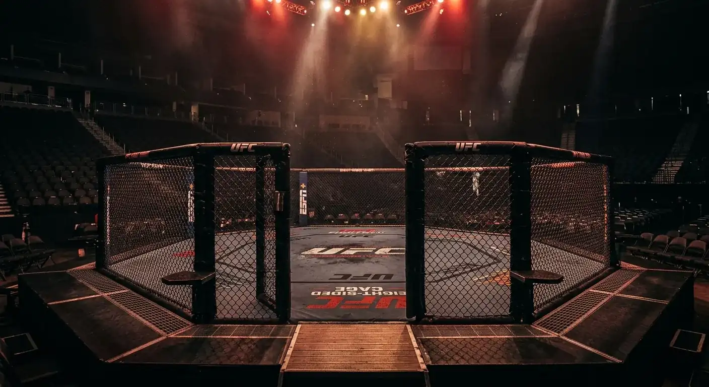 Ottagono UFC illuminato in arena con atmosfera pre-match scommesse mma ufc
